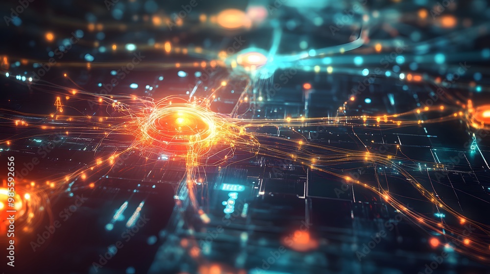Poster A detailed digital illustration of an AI infrastructure, with bright, glowing data pathways and neural networks, creating an exciting representation of innovation.