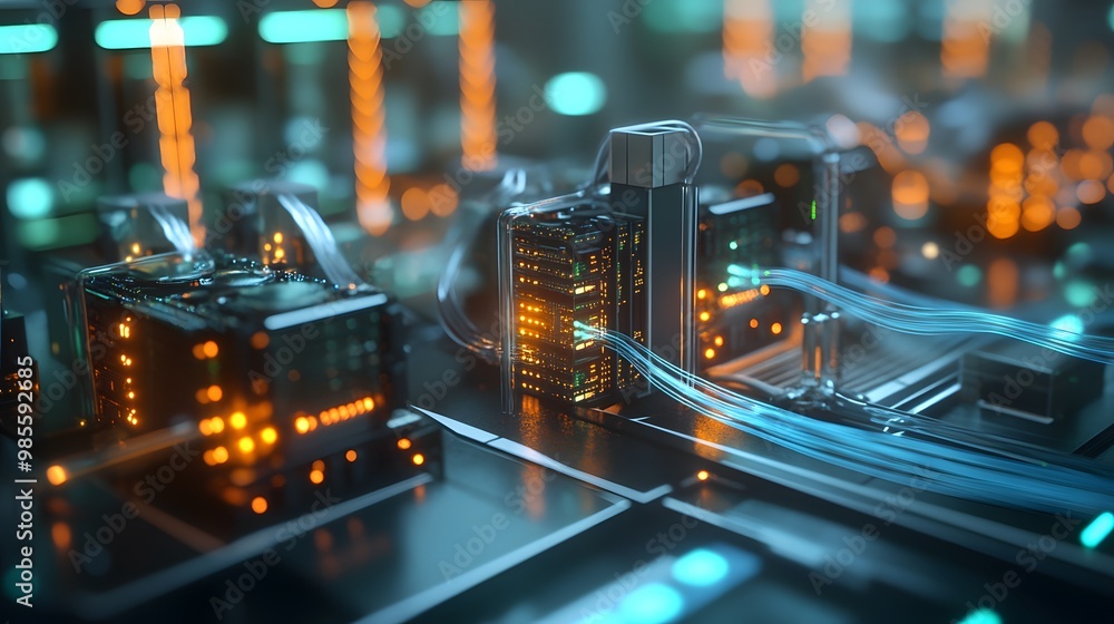 Poster A miniature diorama of machine learning data centers, with flowing energy and data streams between servers, creating an exciting scene of technological innovation.