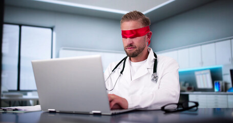 Confused Blindfolded Medical Doctor Concept. Hospital Worker