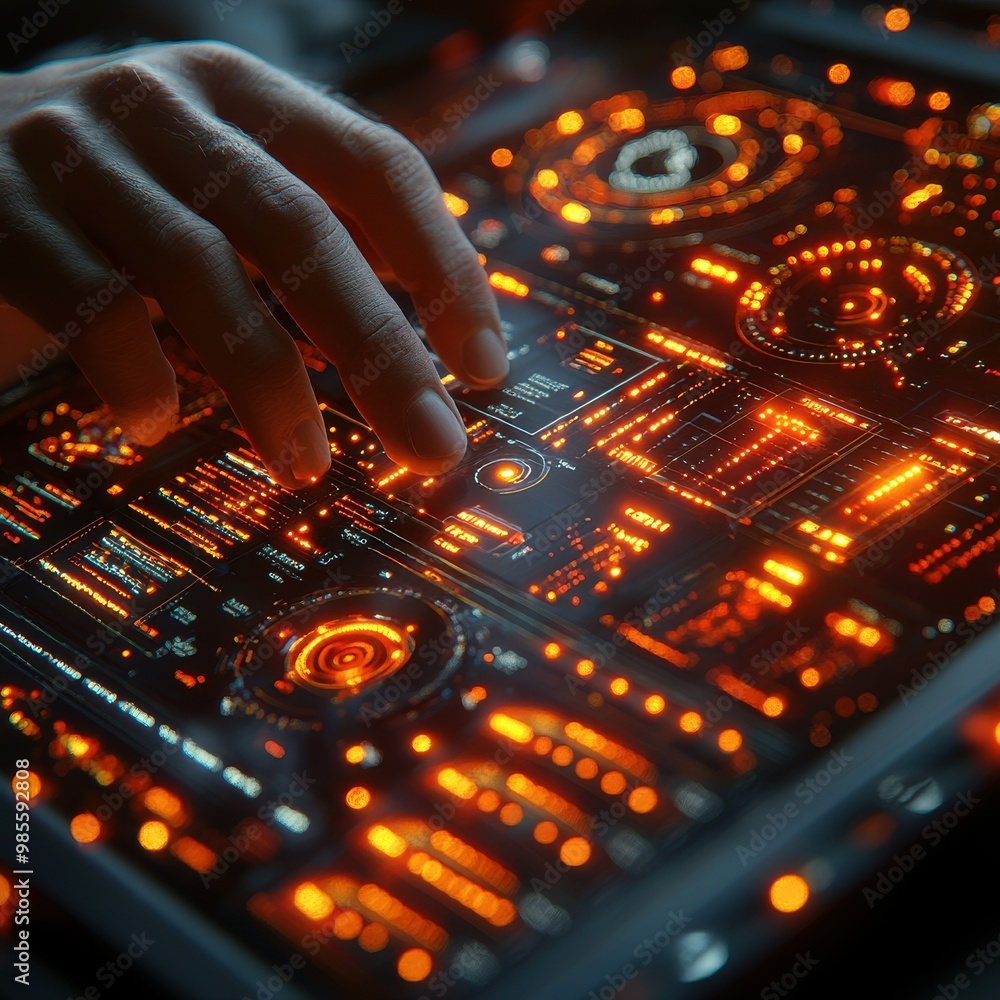Poster close-up of a hand interacting with a futuristic digital interface, displaying complex data and glow