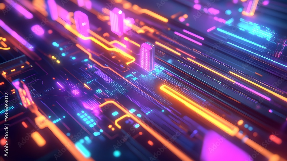 Poster An abstracted, dynamic diorama of machine learning infrastructure, with colorful glowing servers, neural networks, and data flows that convey excitement and innovation.