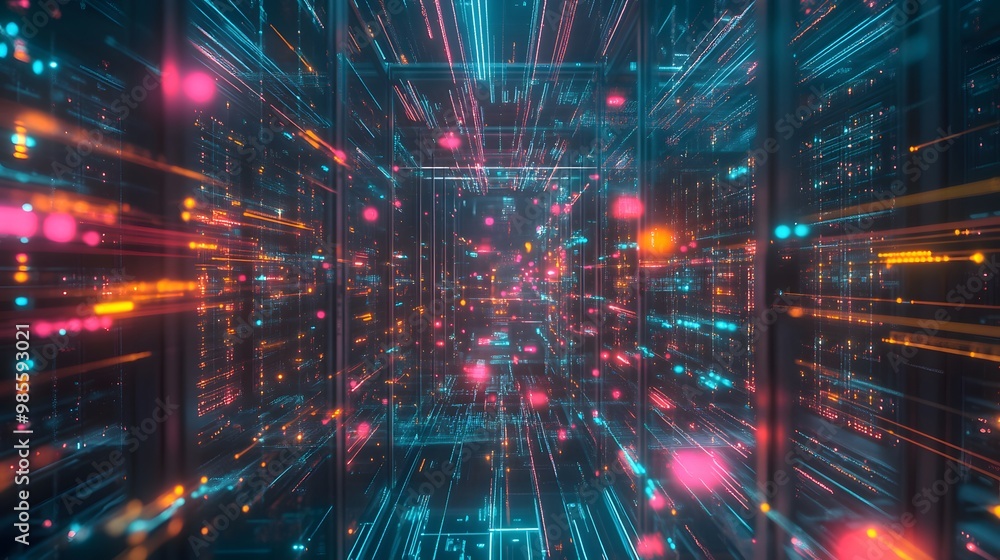 Poster An abstracted, dynamic diorama of machine learning infrastructure, with colorful glowing servers, neural networks, and data flows that convey excitement and innovation.
