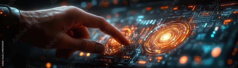 Poster close-up of a hand interacting with a futuristic digital touch screen interface, showcasing advanced
