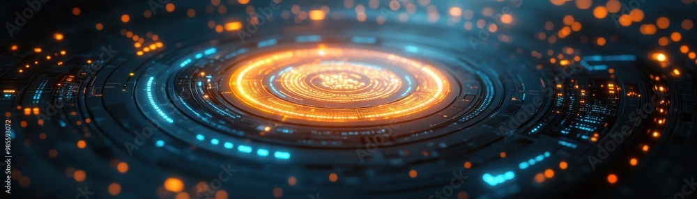 Poster futuristic sci-fi interface with glowing circular elements and digital patterns in blue and orange h