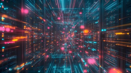 An abstracted, dynamic diorama of machine learning infrastructure, with colorful glowing servers, neural networks, and data flows that convey excitement and innovation.