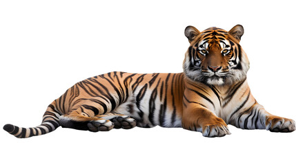 Majestic Bengal Tiger Lying on White Background - Transparent Elegance and Power