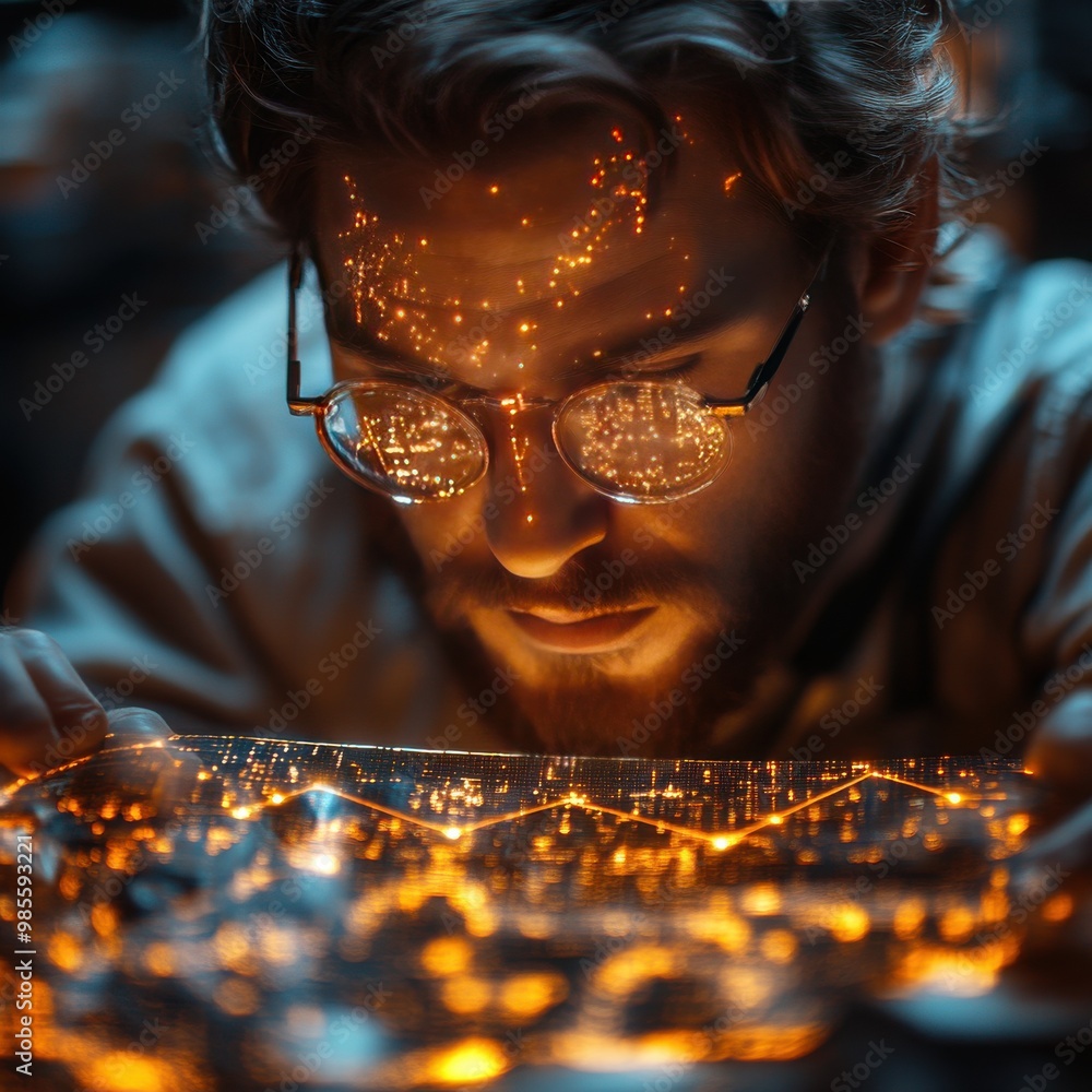 Poster man focuses on illuminated circuit board, representing innovative technology and futuristic engineer
