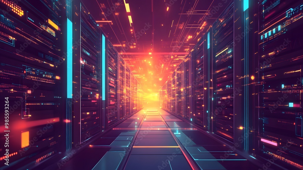 Poster An abstract illustration of machine learning infrastructure, where virtual servers and data lines glow with excitement, symbolizing the innovative future of AI technology.