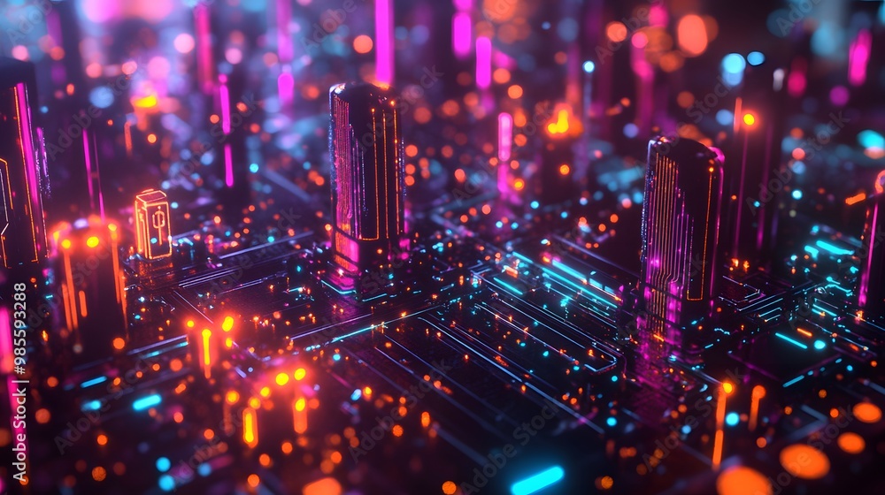 Aufkleber A vibrant diorama of AI infrastructure, with glowing neural networks and data streams connecting servers in a visually exciting display of innovation.