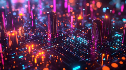 Fototapeta premium A vibrant diorama of AI infrastructure, with glowing neural networks and data streams connecting servers in a visually exciting display of innovation.