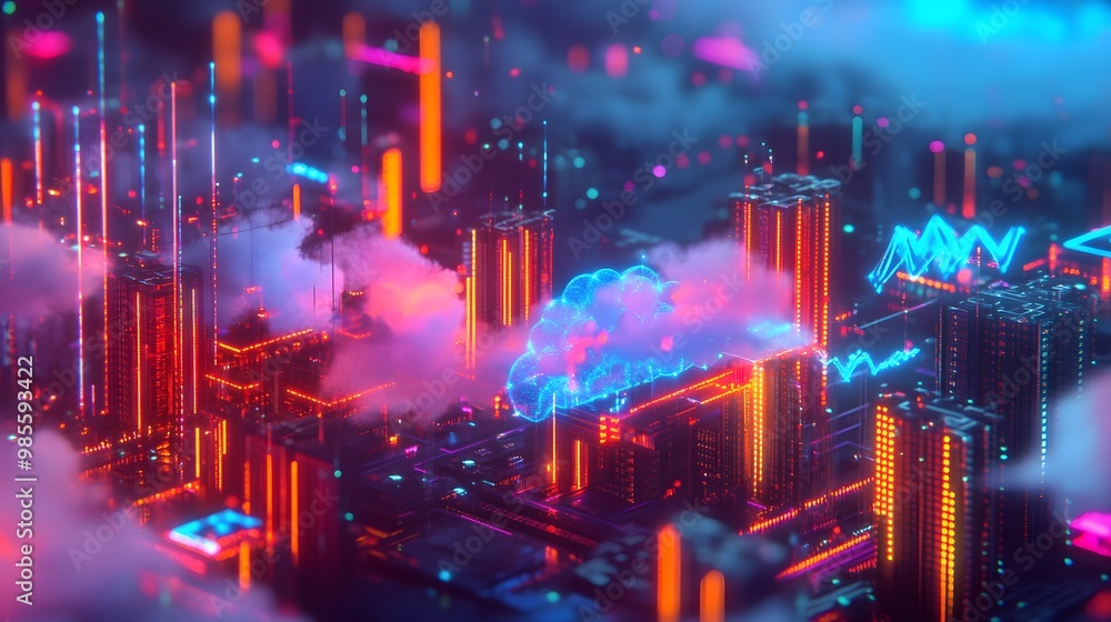 Poster A digital diorama of a cloud-based machine learning system, with vibrant energy beams flowing between virtual servers and data nodes, creating an exciting scene of innovation.