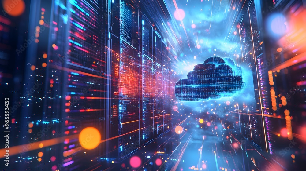 Poster A digital diorama of a cloud-based machine learning system, with vibrant energy beams flowing between virtual servers and data nodes, creating an exciting scene of innovation.