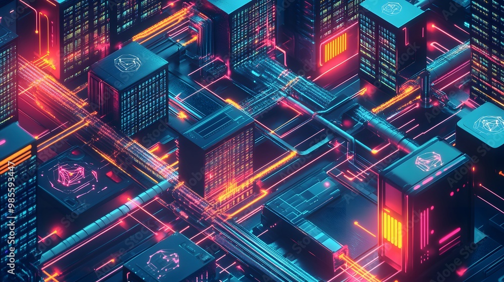 Poster A detailed illustration of machine learning infrastructure with glowing data pipelines, server racks, and neural networks connected in an exciting web of innovation.