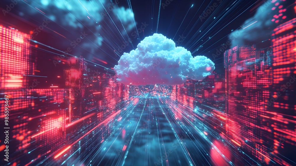 Poster A digital diorama of a cloud-based machine learning system, with vibrant energy beams flowing between virtual servers and data nodes, creating an exciting scene of innovation.