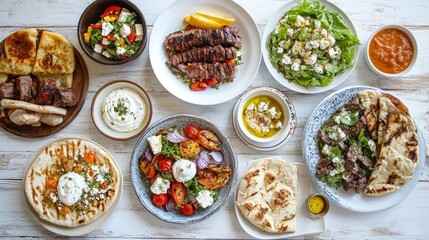 Mediterranean Feast: A Spread of Grilled Meats, Salads, and Flatbreads