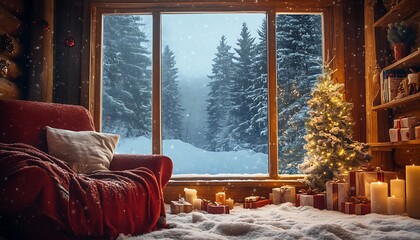 Cozy Cabin Interior with Christmas Tree and Snowy Window View