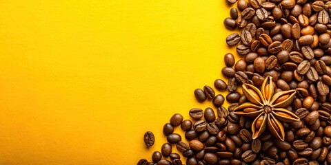 Cezeve with coffee beans and star anise on yellow background, perfect for coffee lovers and food enthusiasts
