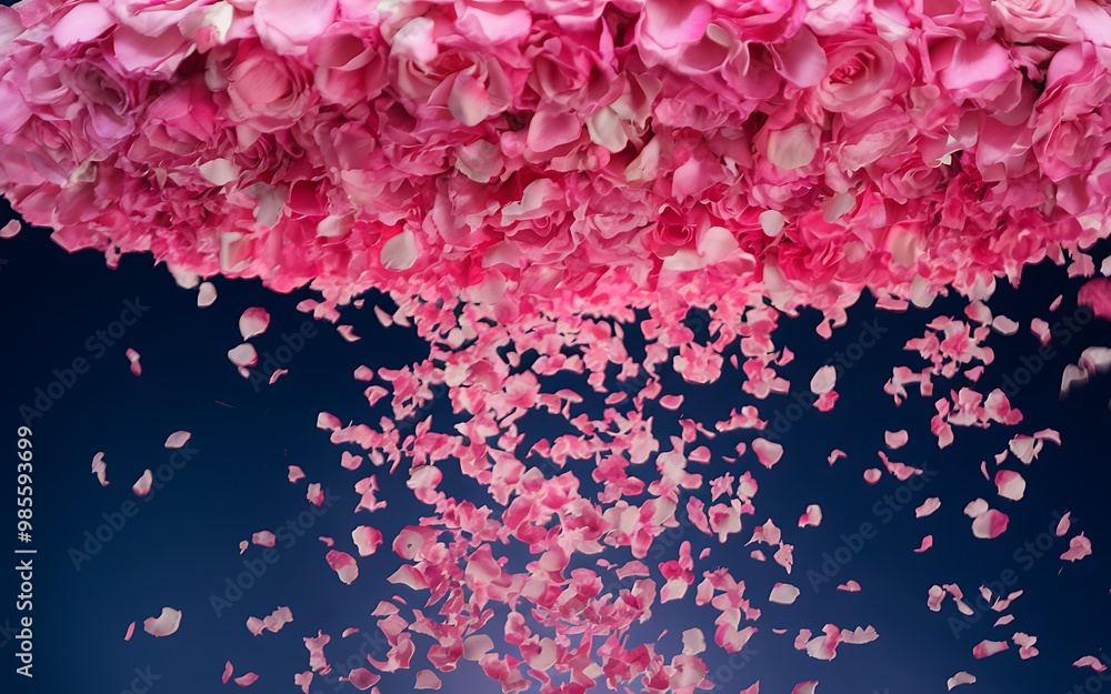 Wall mural pink rose petals falling against a dark blue background.