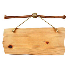 3d render of a polished wooden sign board hanging on Isolated transparent background png. generated with AI