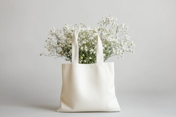 aesthetic mockup of blank white tote bag on light gray background with flowers 