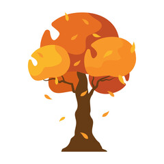 Beautiful autumn tree in cartoon style. Vector illustration of yellow, red different types of autumn tree and bushes with leaves isolated on a white background