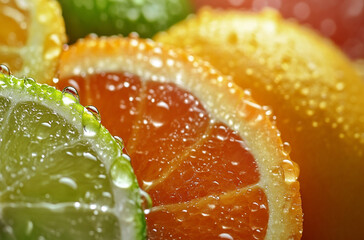 close-up shot of a vibrant citrus medley featuring oranges, lemons, and limes with glistening droplets of water