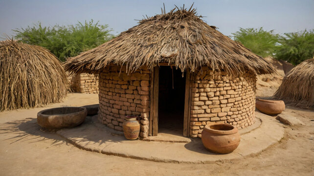 raditional northern Ghana grass hut bush village Africa. Northern region of Ghana. Rural traditional mud and straw huts and buildings. Poverty economy.
