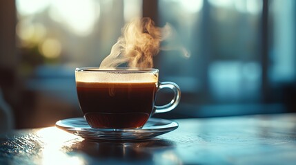 Clear glass cup of coffee on a table with morning light, the delicate balance of steam and soft background for a tranquil vibe