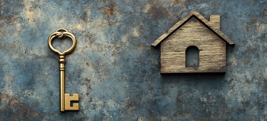 Golden Key to a Wooden House on Rustic Background
