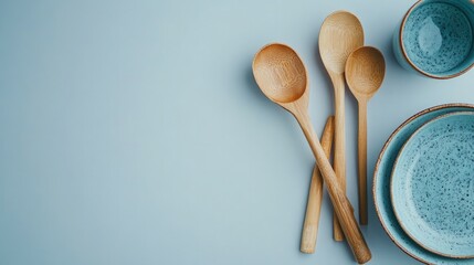 A set of traditional blue plates and cups, accompanied by wooden spoons, are arranged on a white kitchen background. 2020 will see trends in handmade ceramics, catering, restaurants, and healthy
