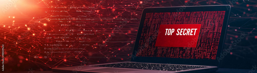 Aufkleber a closed laptop displays red words top secret on its screen, surrounded by digital background filled