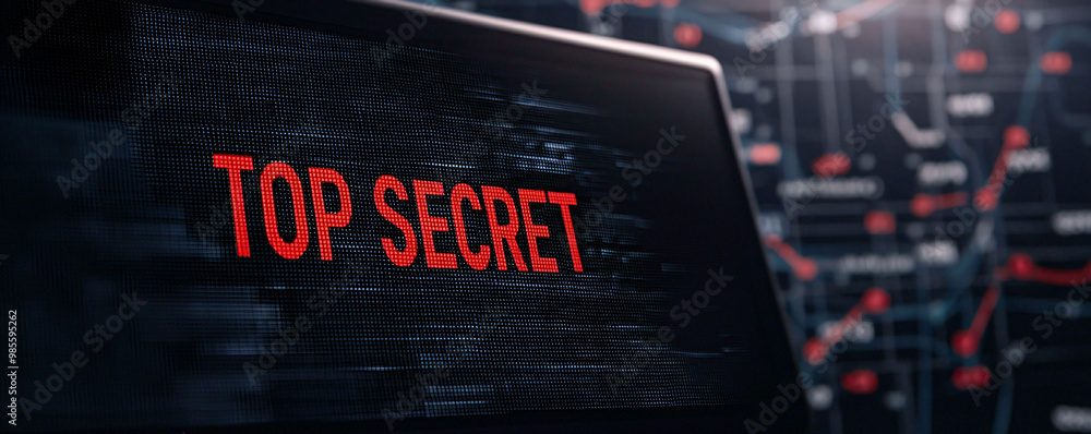 Poster computer screen displaying top secret document, conveying sense of urgency and confidentiality in hi
