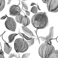 seamless pattern with black and white flowers and berries