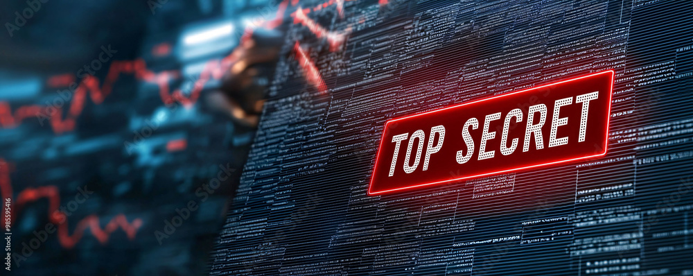 Poster computer screen displaying top secret document with data analysis and graphs, conveying sense of urg