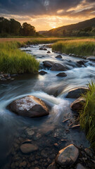 river landscape during golden sunset in peaceful valley, vertical wallpaper © DavoeAnimation