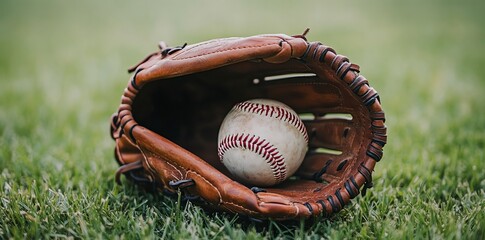 Baseball in a Glove on Green Grass.