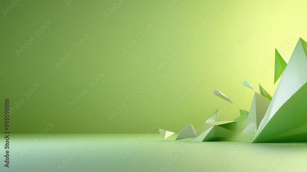 Poster green geometric low poly backdrop with a blend of sharp angles and soft gradients, creating a contem