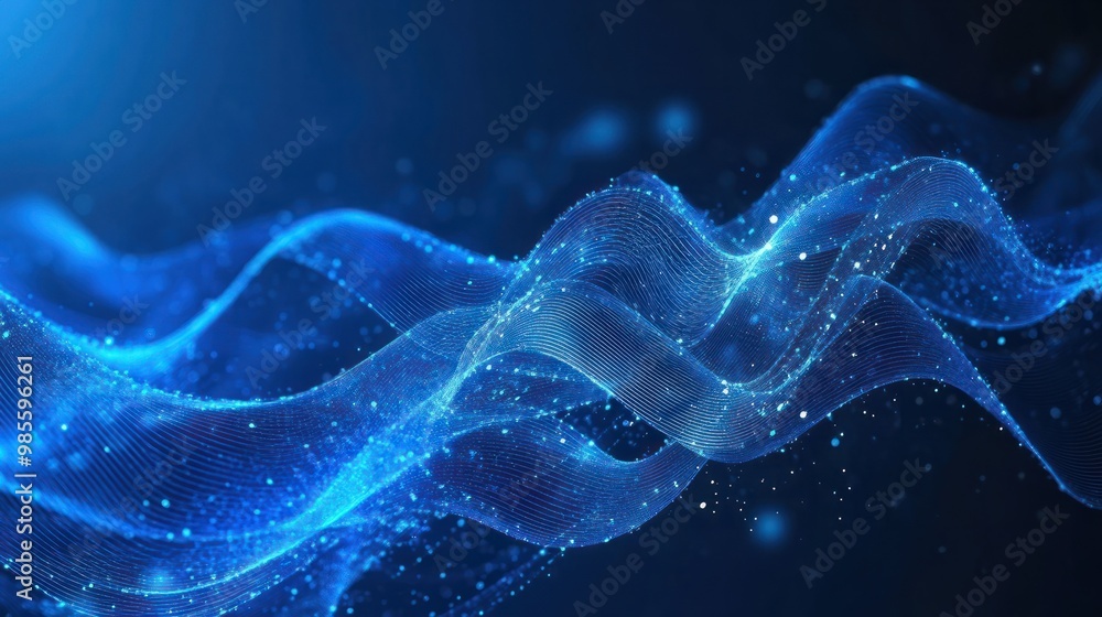 Poster abstract blue tech background with digital waves, dynamic network system, artificial neural connecti