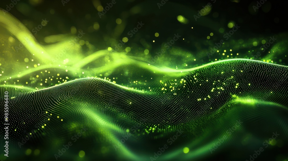 Poster abstract green tech background with digital waves.