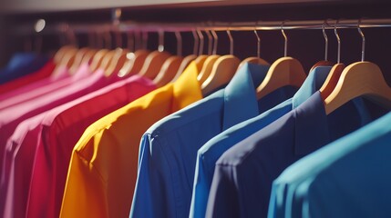 Fototapeta premium Freshly pressed shirts on hangers, vivid colors, soft light, professional look, emphasizing quality laundry service