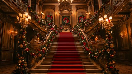 Obraz premium Festive Grand Staircase with Red Carpet and Christmas Decorations