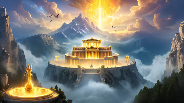 Olymp: Ein gro&szlig;er, nebelverhangener Palast auf einem Berggipfel mit G&ouml;ttern wie Zeus, Athene und Poseidon, die auf goldenen Thronen sitzen, umgeben von leuchtenden Auren und magischen Kreaturen.