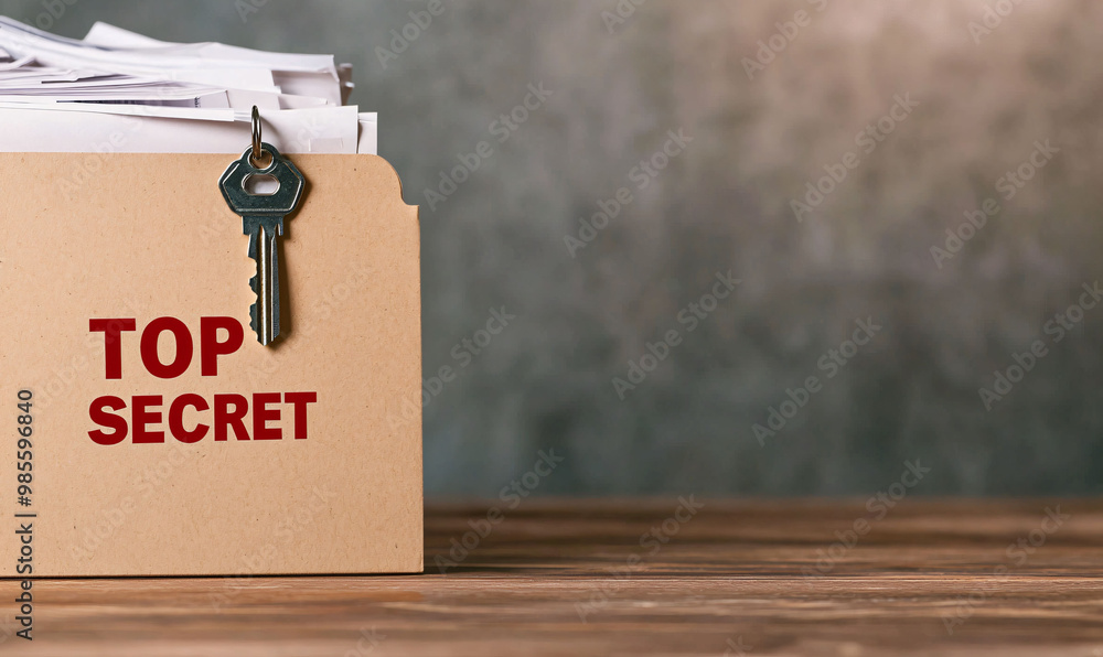 Poster confidential documents are stored in folder labeled top secret, secured with key, symbolizing privac