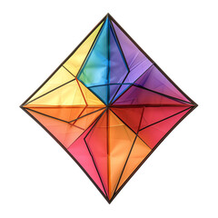 Colorful geometric stained glass pattern with a diamond shape, featuring intricate polygonal designs in vibrant hues.