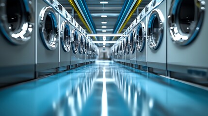 Row of industrial washing machines in a modern setting, symmetrical composition, sleek and efficient design