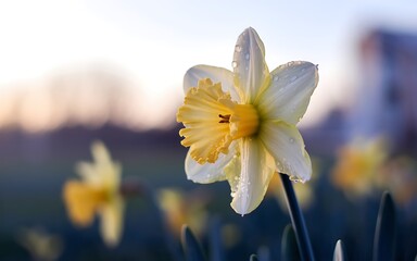 A single white daffodil with yellow center blooms in a field with other daffodils in the background against a soft sunset sky. © BackgroundStudio