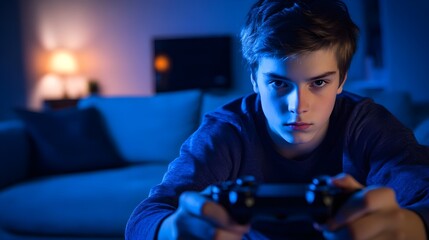 Focused boy playing video games at home
