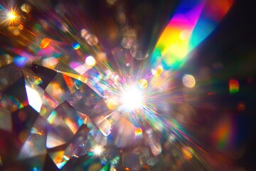 Abstract diamond bokeh lights with rainbow reflections on black background.