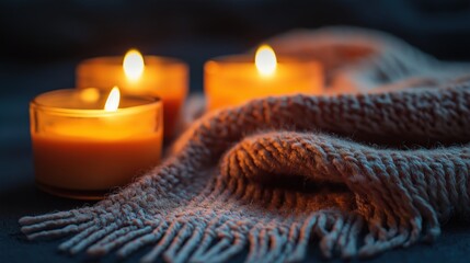 Evening scene featuring glowing candles and a soft blanket, creating a cozy atmosphere