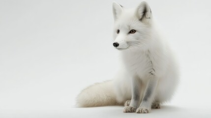 A white fox stands on a snow covered surface
